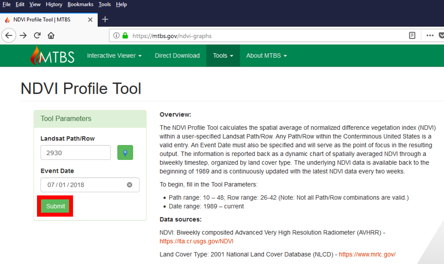 Figure 7.  Screenshot of the NDVI Tool Submit Button